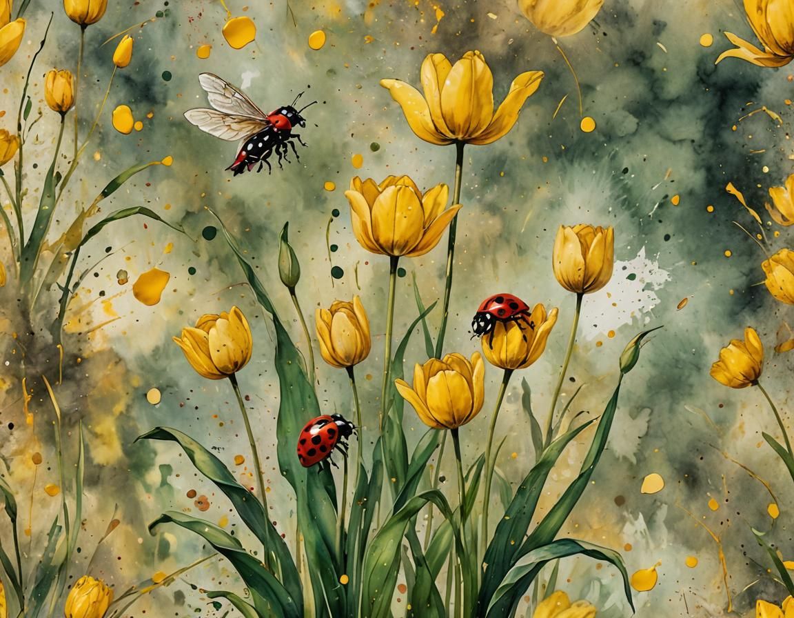 Ladybug in Tulip: Impressionistic Asian Watercolor