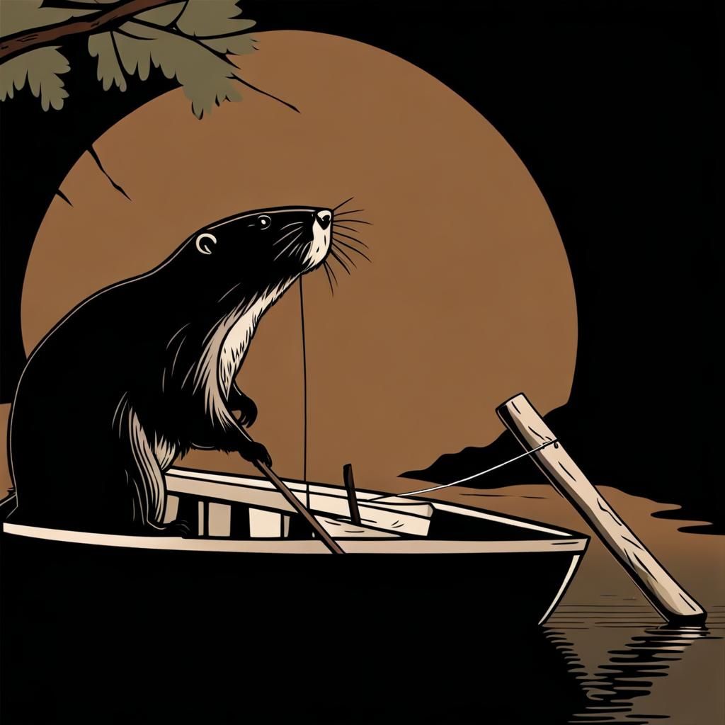Beaver and Wood Boat on Lake