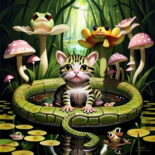 Surreal Kitten-Frog Hybrid in Snake's Mouth, Pixar Style