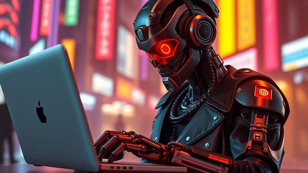 Borg Cyborg Using Macbook in Cyberpunk Cityscape