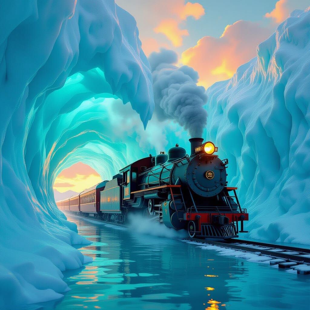 Antique Train Glides Through Frozen Wave