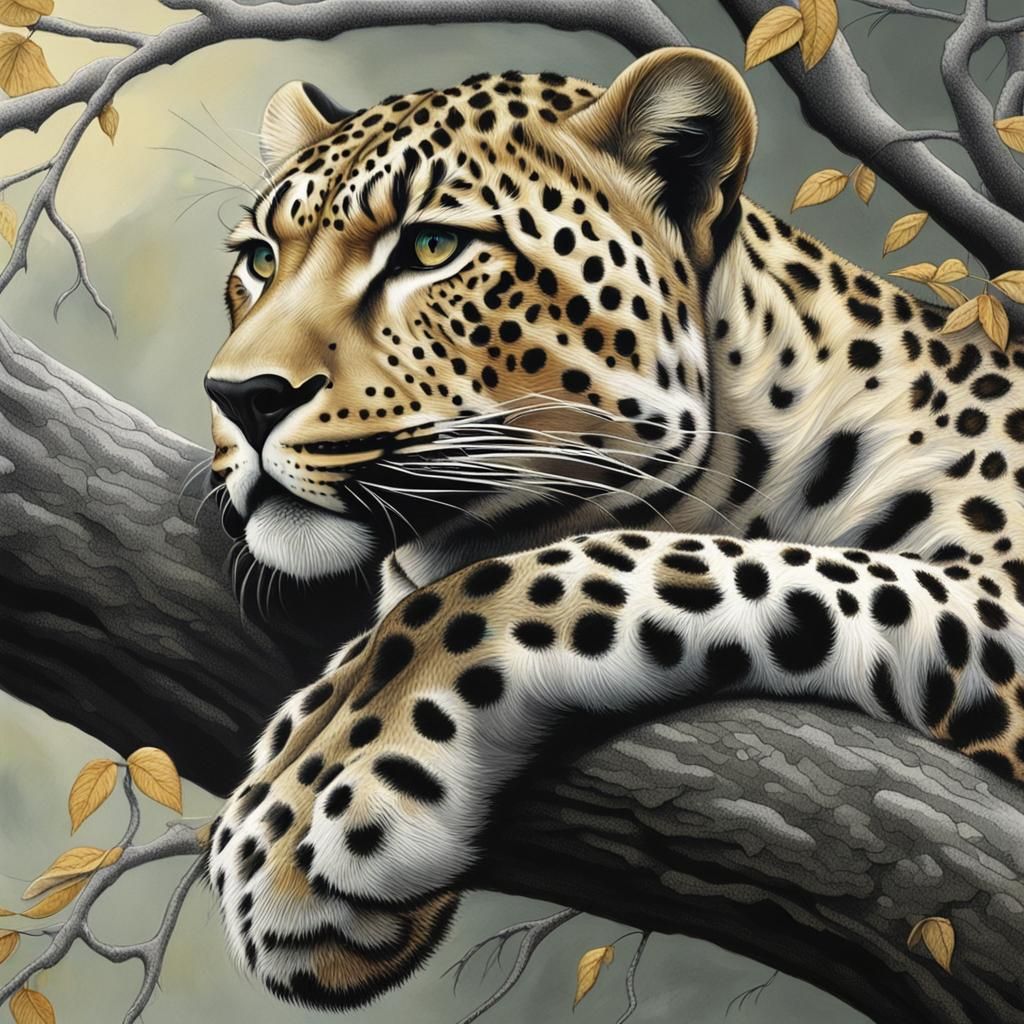 Resting Leopard in Tree: Hyperrealistic Detailed Portrait