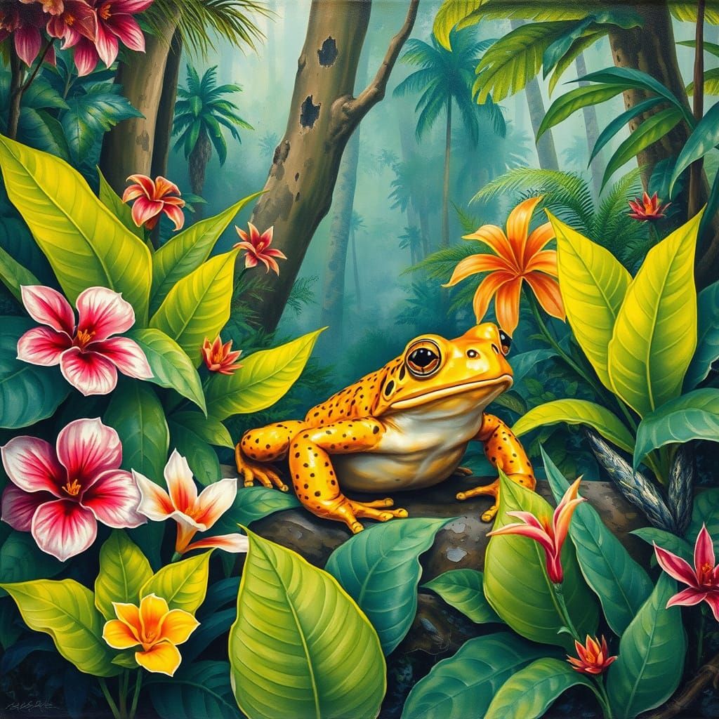 Golden Toad in Rainforest, Gouache Impasto Style