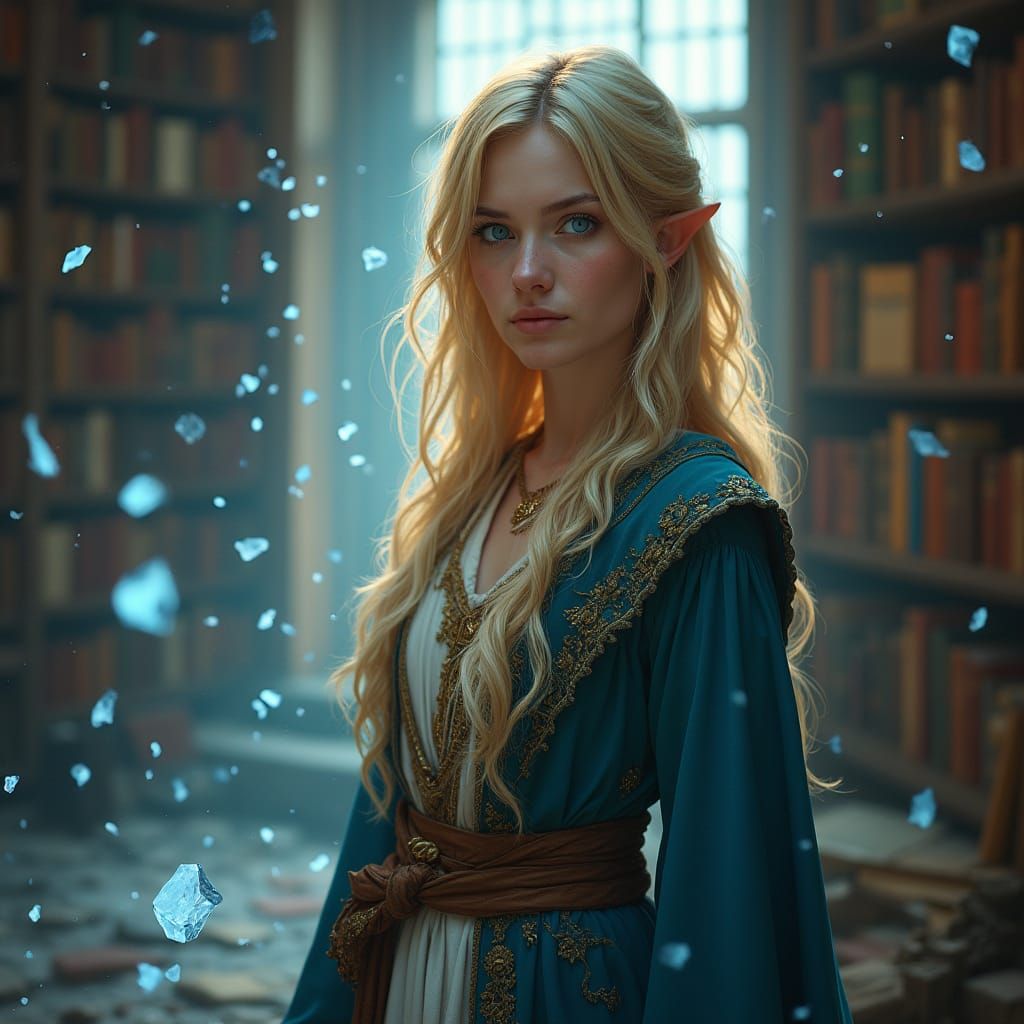 Half-Elf Sorceress in Library with Magical Shards