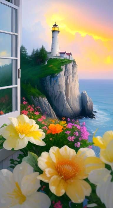 Lighthouse Rock in Summer Storm: Watercolor Painting