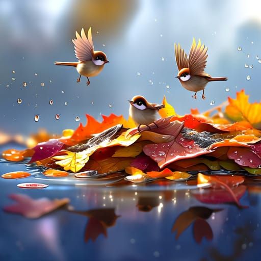 Tiny Songbirds Bathe in Dew-Covered Autumn Leaves