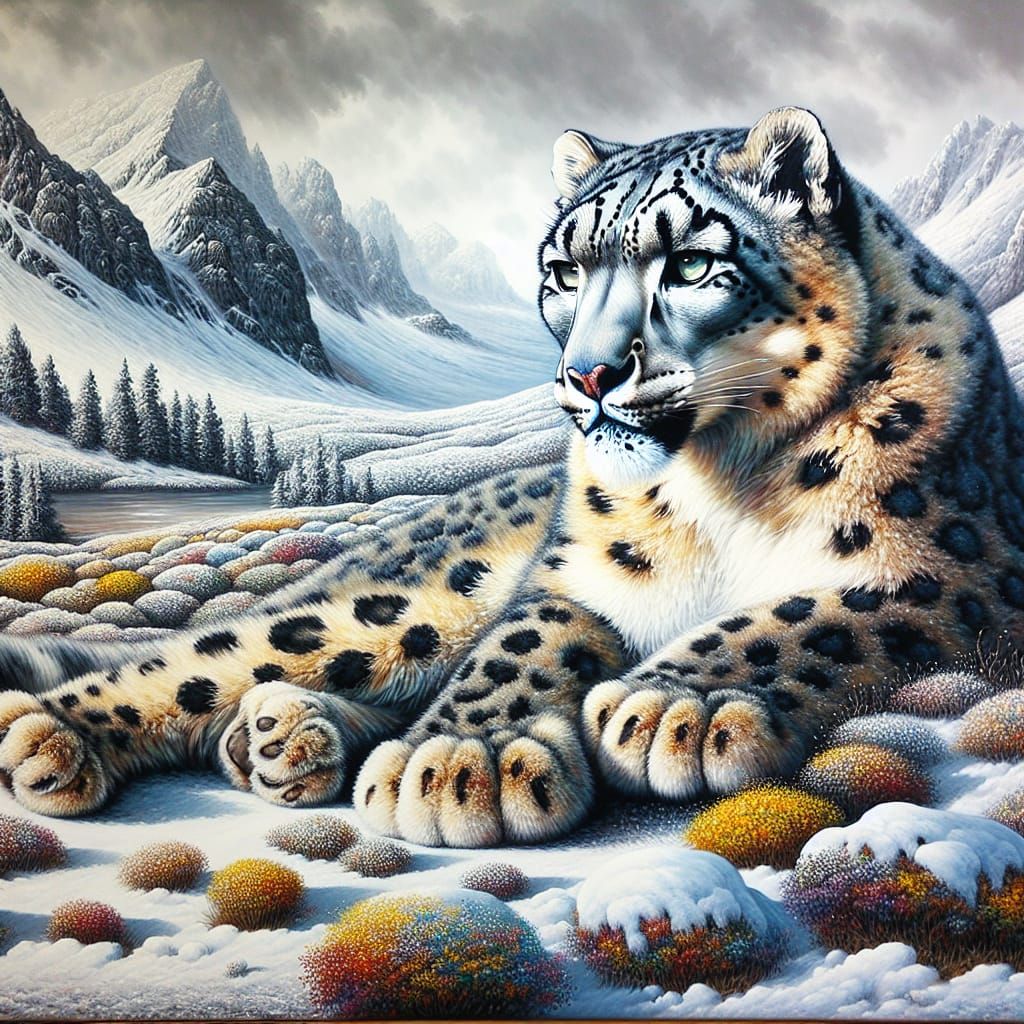 Snow Leopard in Winter Landscape Oil Painting