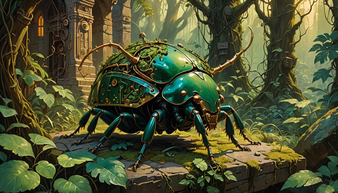Steampunk Beetle in Jungle Ruins, Golden Age Illustration