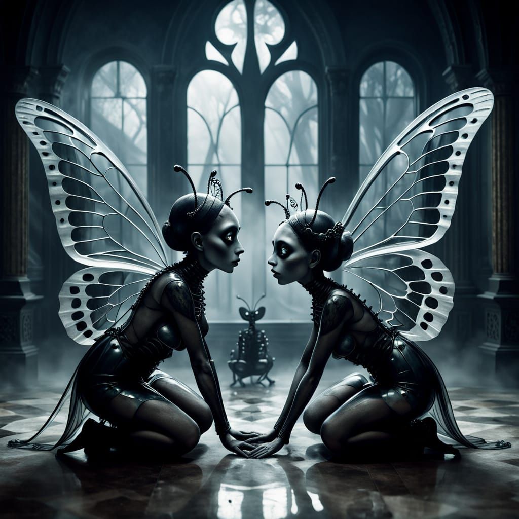Surreal Butterfly Couple in Glass Ballroom, Dark Art