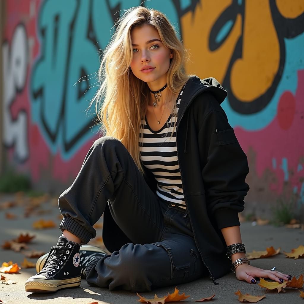 Young Woman with Blonde Hair in Punk-Pop Style