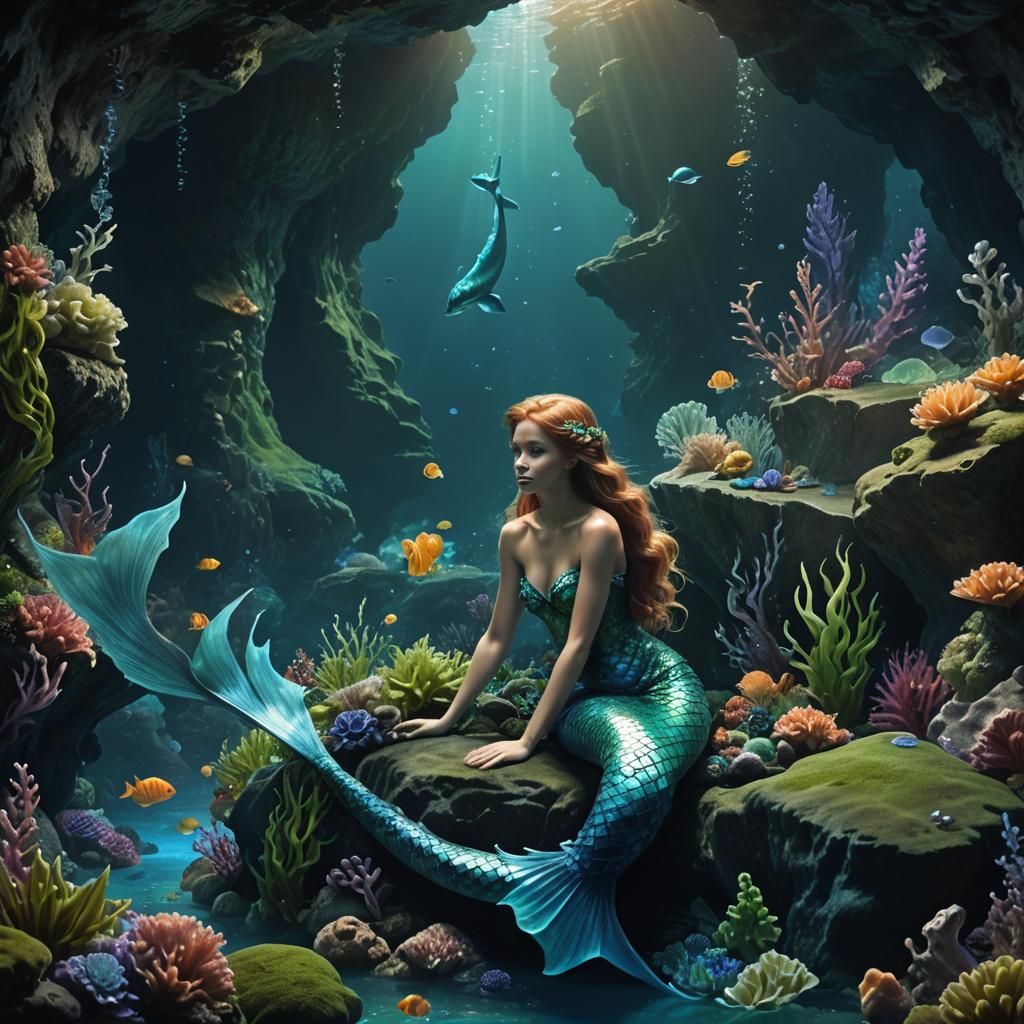 Sad Mermaid in a Mystical Underwater Cave