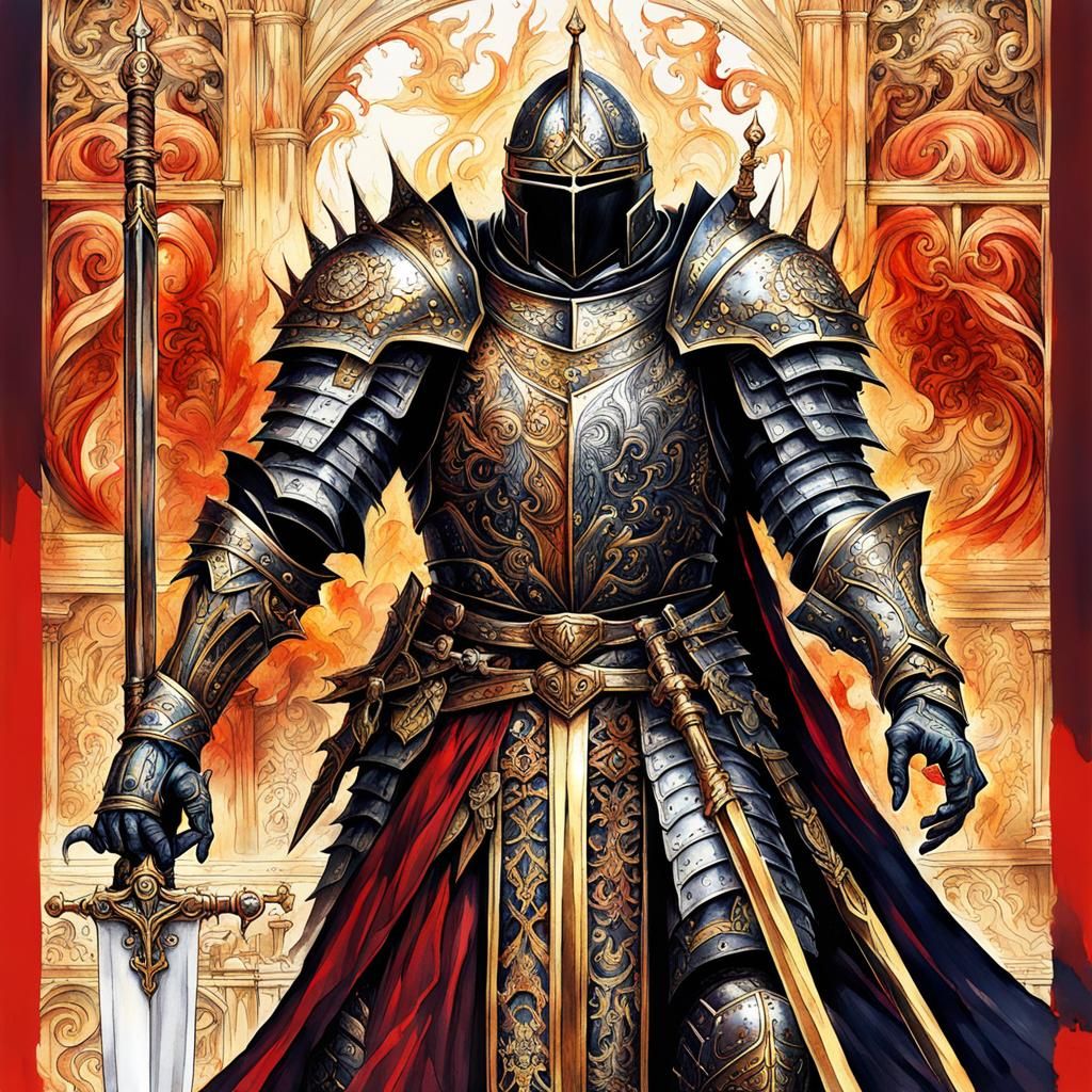 Gothic Knight with Longsword in Watercolor Style