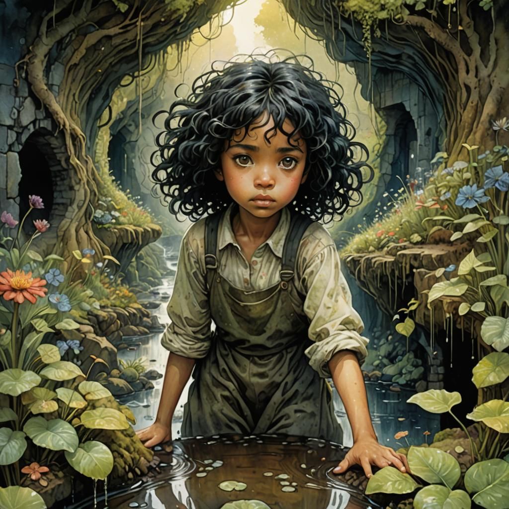 Girl Finds Hidden Village, Surreal Watercolor Illustration