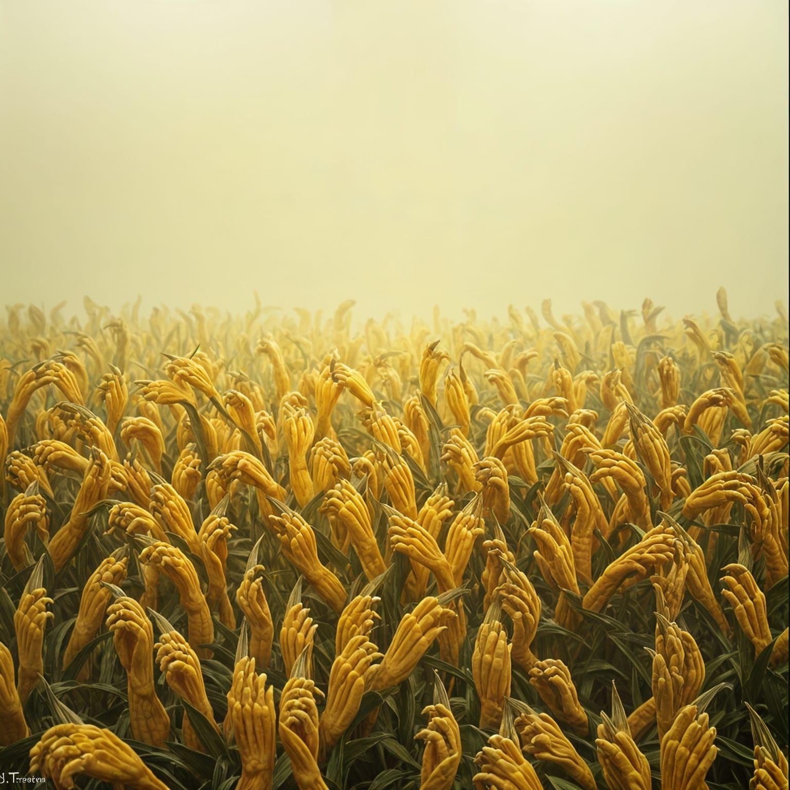 Surreal Horror Scene of Claws in a Foggy Corn Field