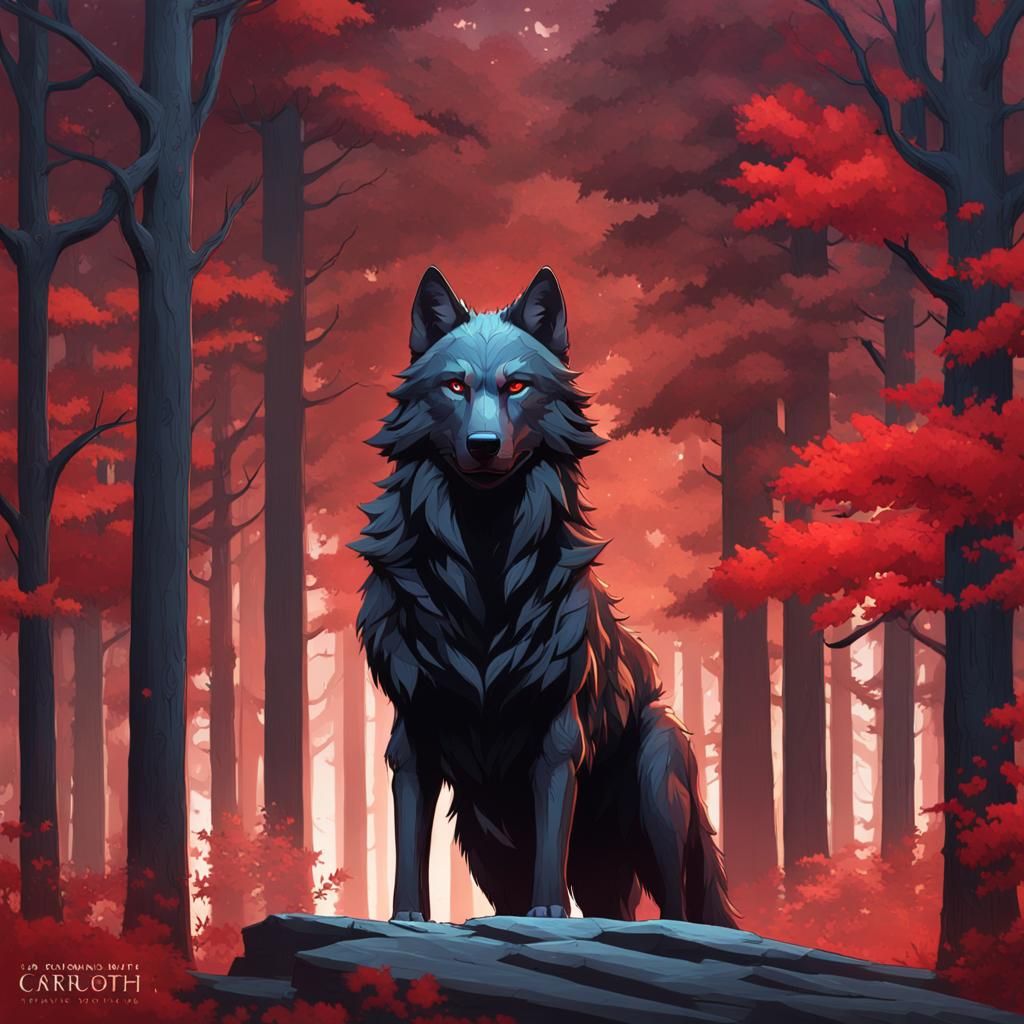 Black Wolf Portrait in Red Woods