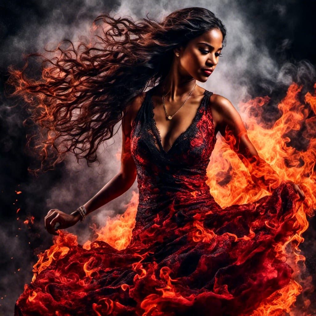 Passionate Fiery Flamenco Dancer in Long Fire Dress