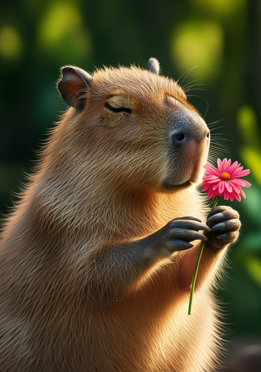 Heartwarming Capybara Smelling a Flower