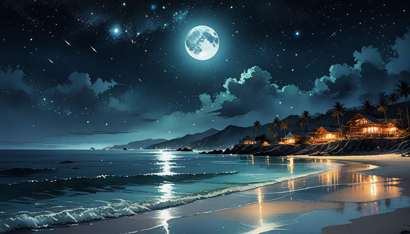 Moonlit Beach at Night in Watercolor Style