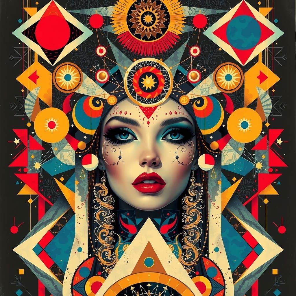 Woman in Opulent, Symbolic Portrait with Golden Accents and ...