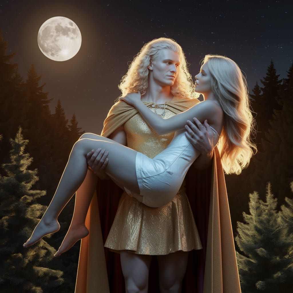 Golden Knight with Long Curly Hair Carries Fair Maiden in Mo...
