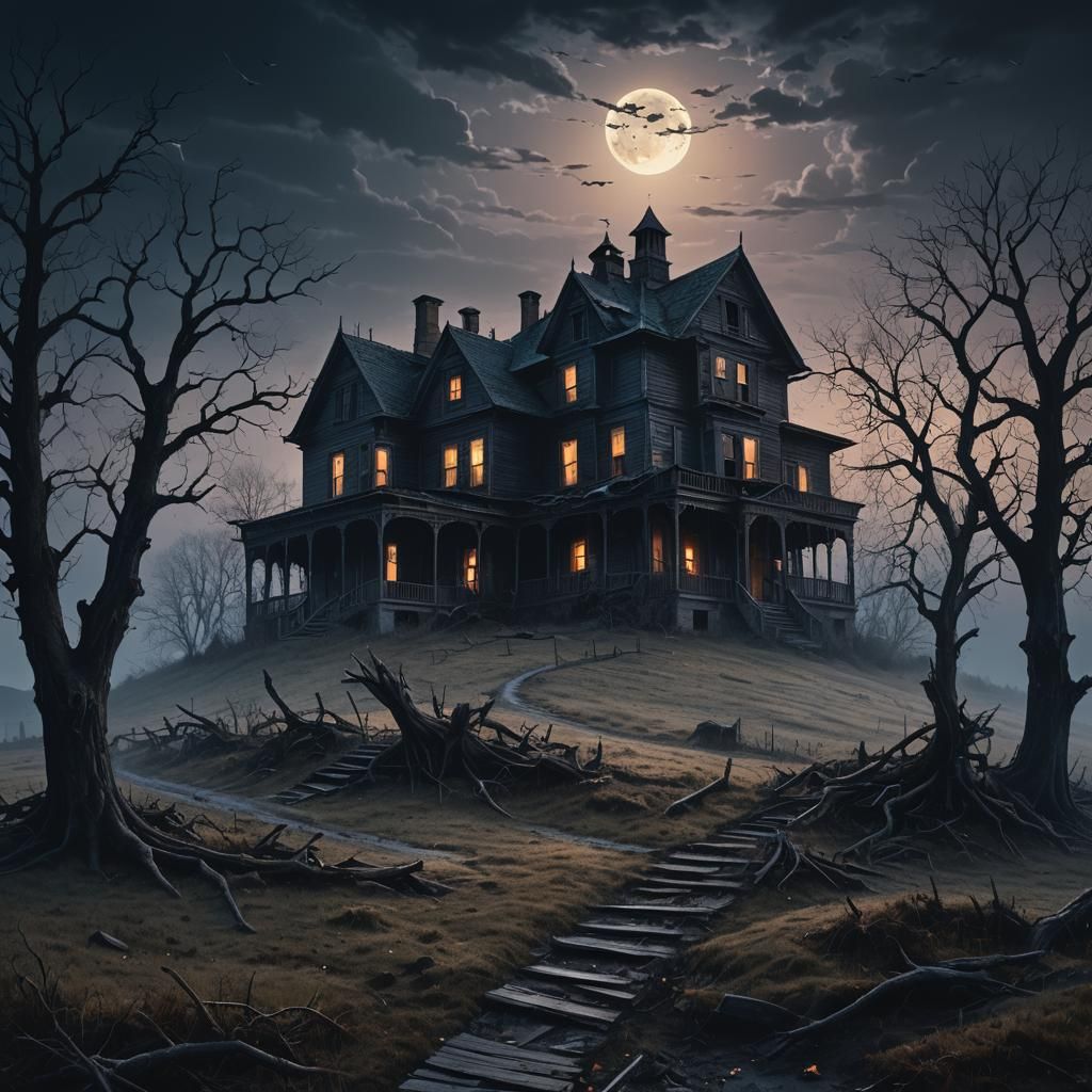 Distant Spooky Manor at Twilight: Dark Surrealism