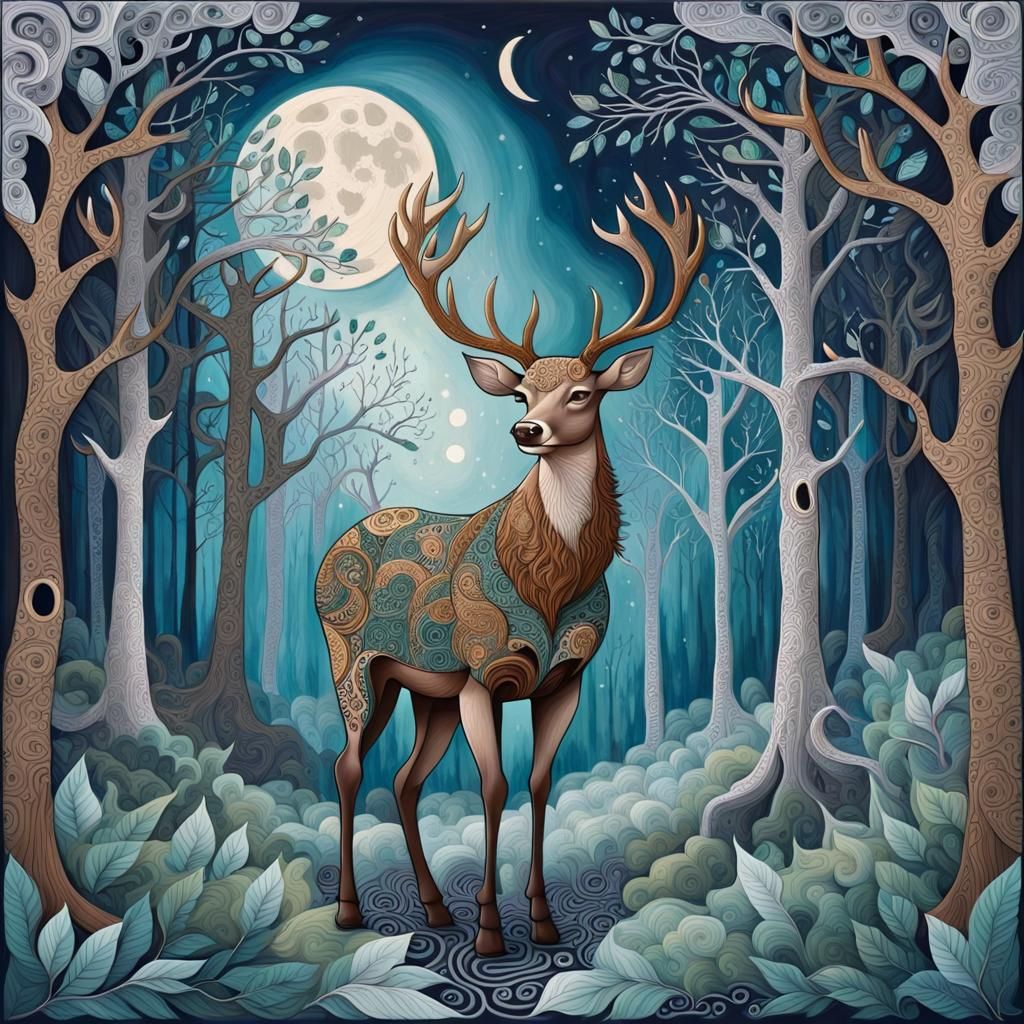 Zentangle Deer in Forest: Abstract Filigree Painting