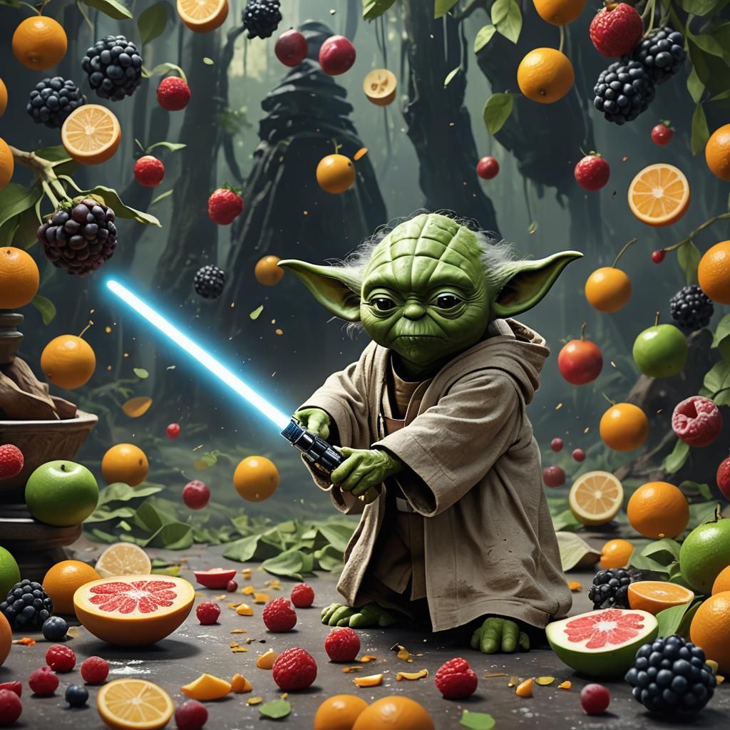 Yoda's Lightsaber Fruit Prep in Detailed Digital Art