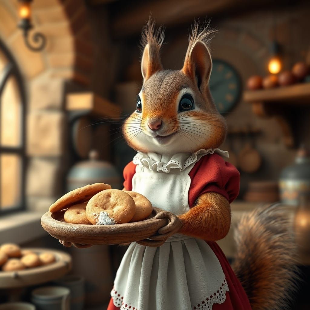 Whimsical Squirrel Waitress in Enchanted Bakery