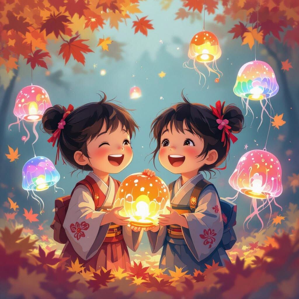 Children Celebrate Autumn with Jellyfish Lanterns in Whimsic...