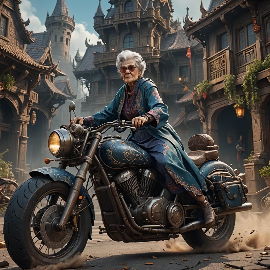 Grandmother on Motorcycle: Detailed Fantasy Concept Art