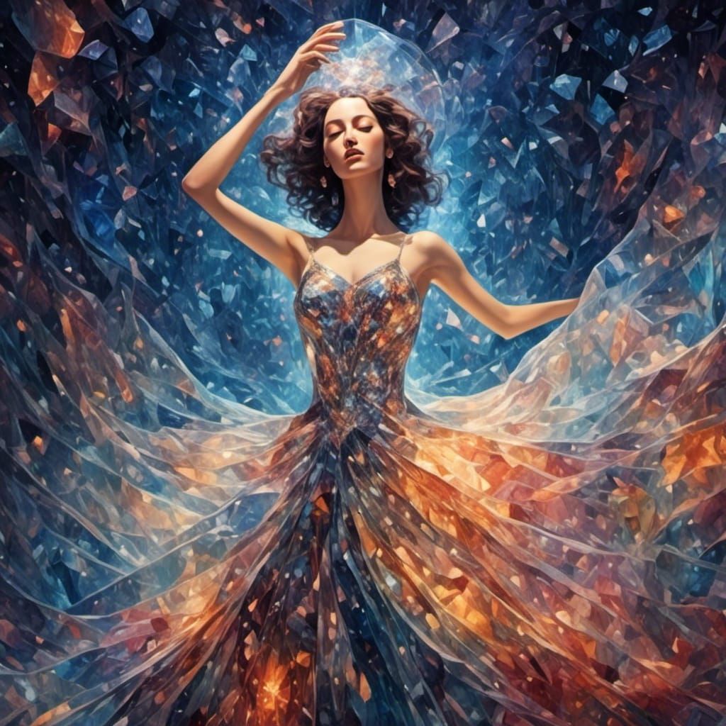 Radiant Woman in Gemstone Dress, Surreal Digital Art
