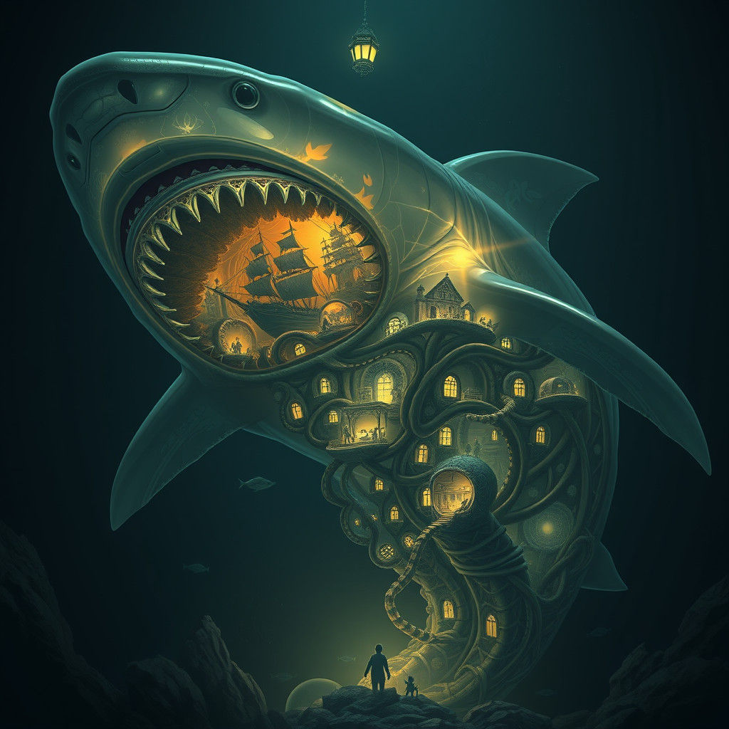 Translucent Shark City in Dark Ocean Depths