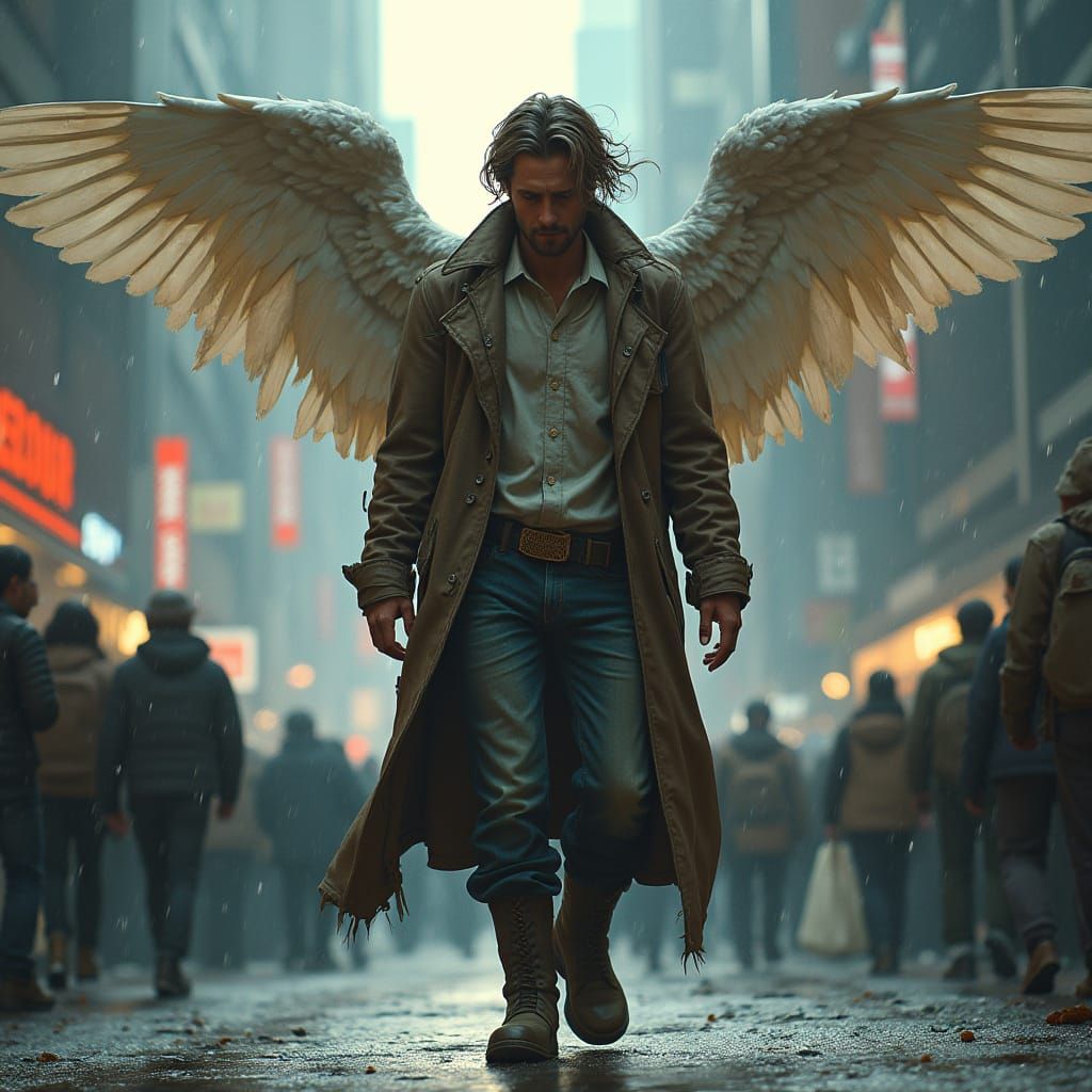 Lost Angel in Crowded Cyberpunk Cityscape