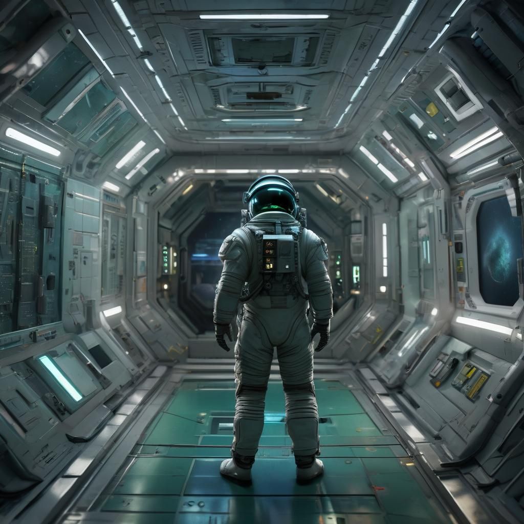 Cinematic Space Station Interior in Oil on Canvas Texture