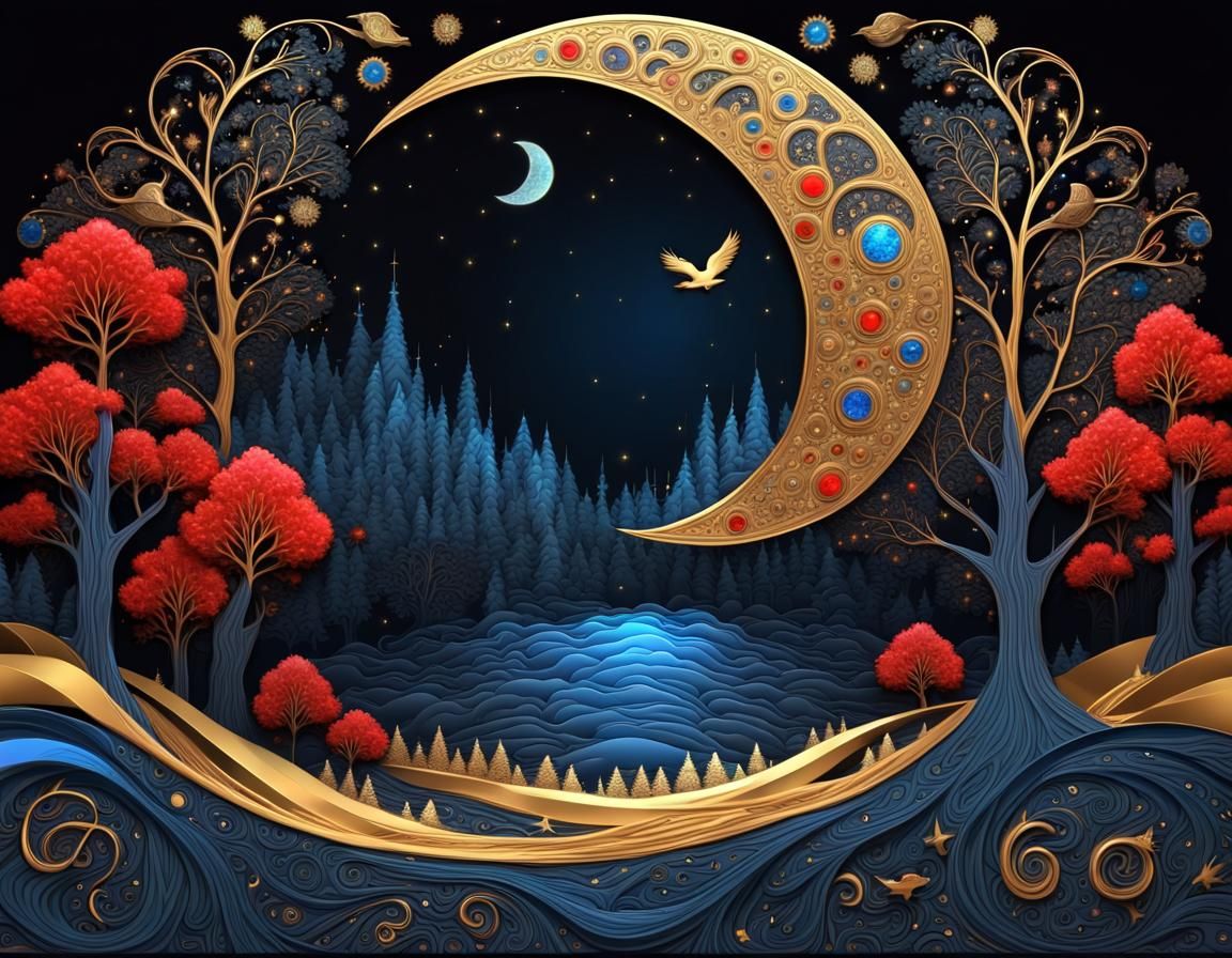 Crystal Moon Over Dark Forest in Palekh Style