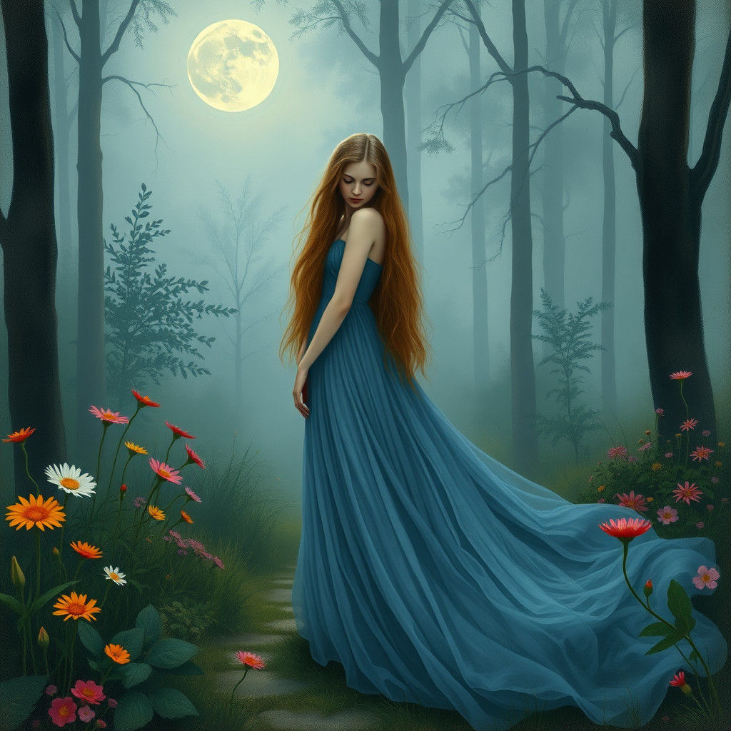 Lady in Blue Gown in Moonlit Garden