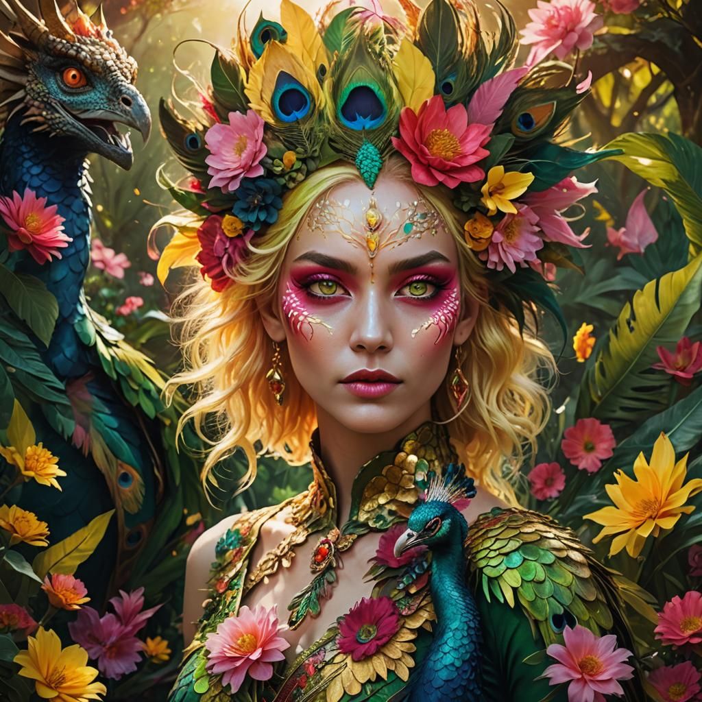 Dragon Peacock Woman in a Surreal Portrait