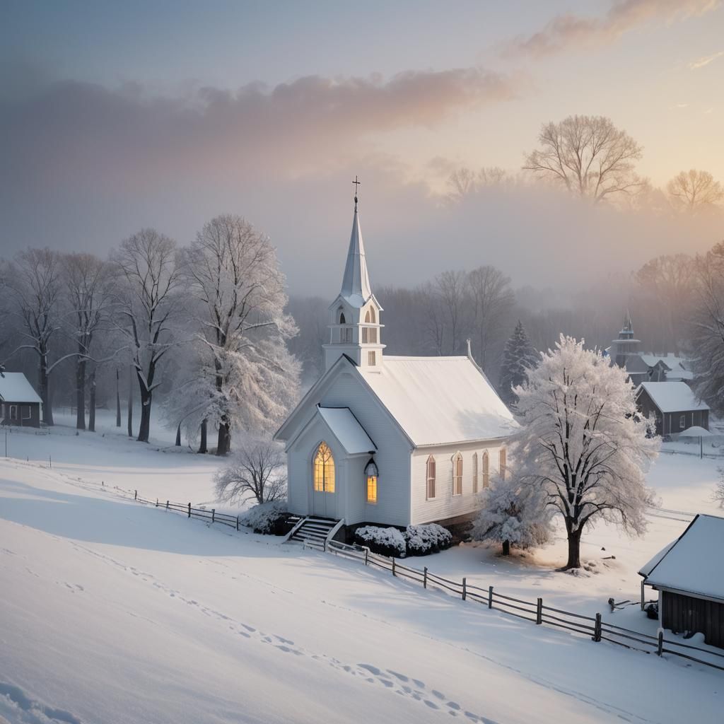 Snowy White Church at Sunrise: Professional Photography