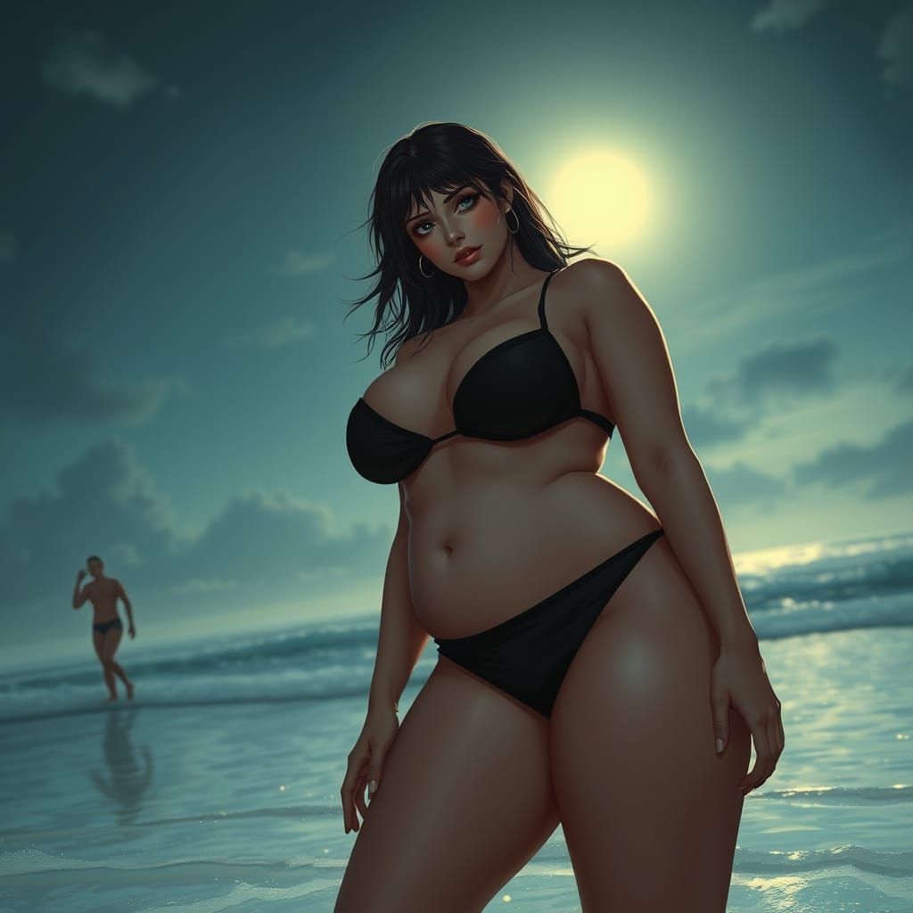 Voluptuous Anime Woman on Beach in Dramatic Style