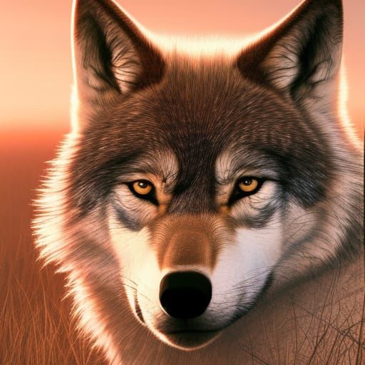 Wolf Double Exposure: Savannah Sunset, Detailed Portrait