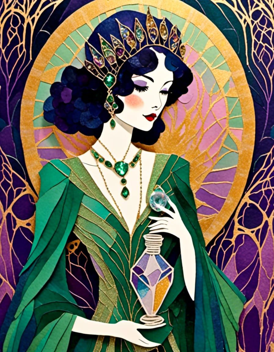 Priestess with Magical Potion, Art Deco Illustration