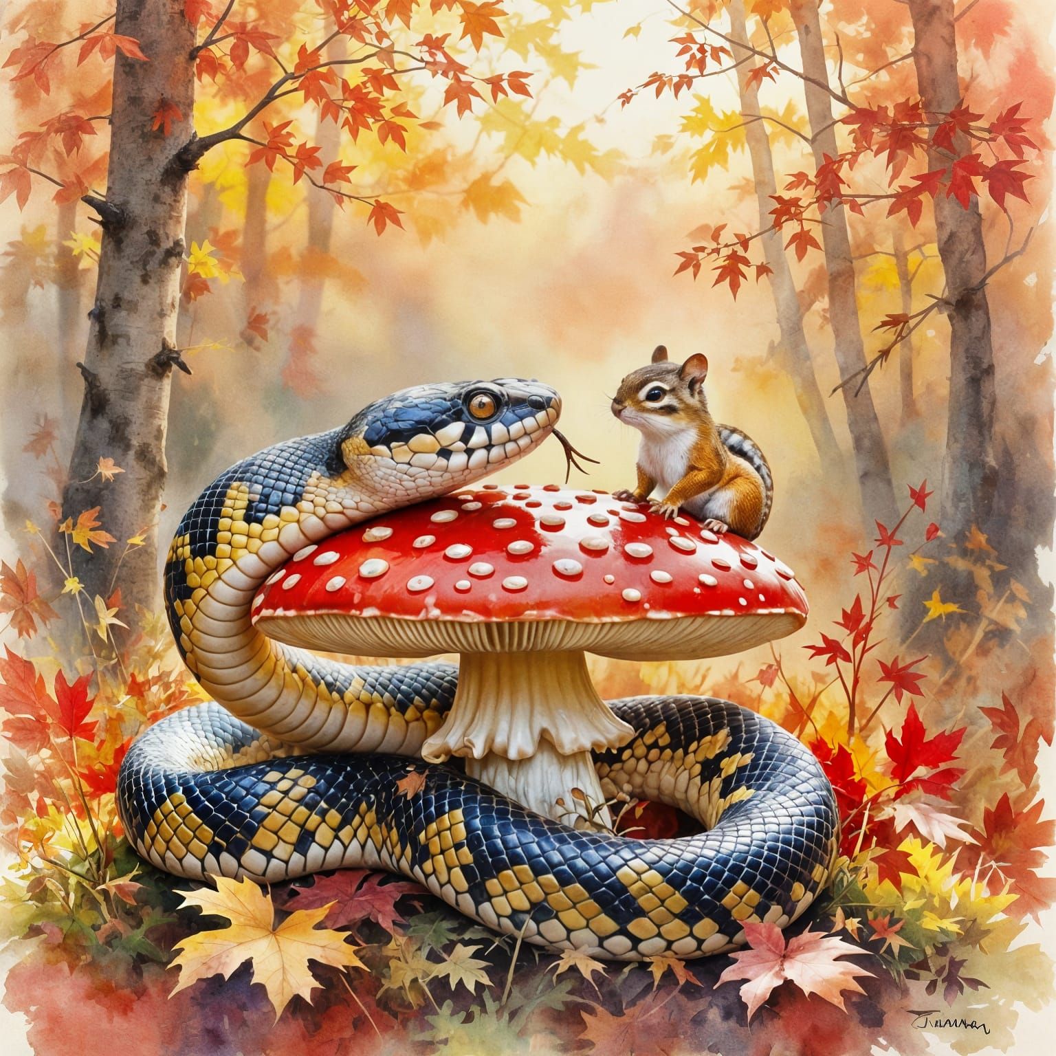 Snake Attacks Chipmunk on Mushroom in Autumn Watercolor Fore...