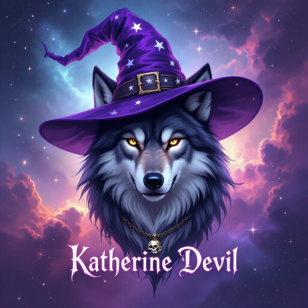Cosmic Wolf Witch in Purple Hat with Star Pendant