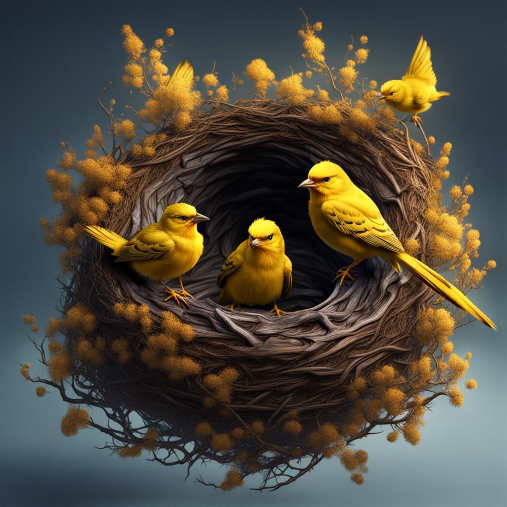 Yellow Birds in Nest: Fantasy Concept Art