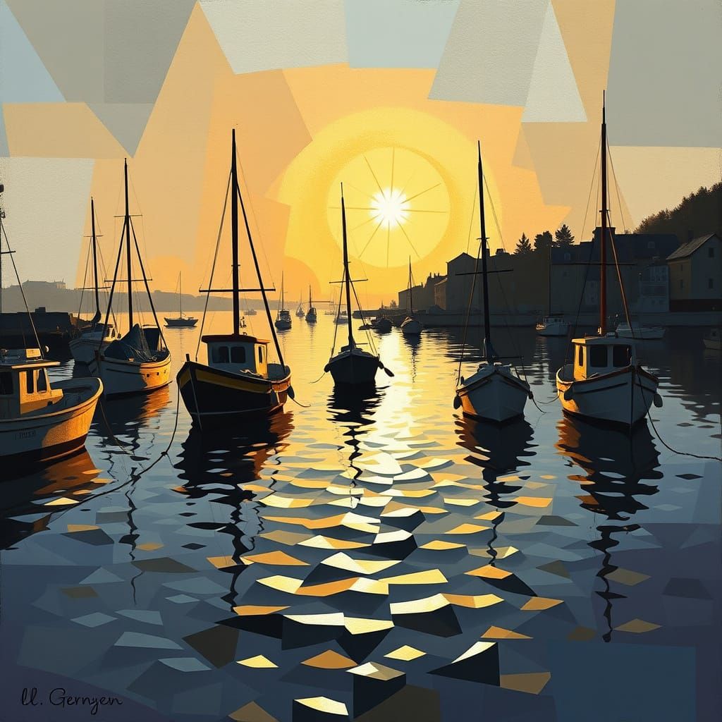 Cubist Harbor Scene at Sunrise