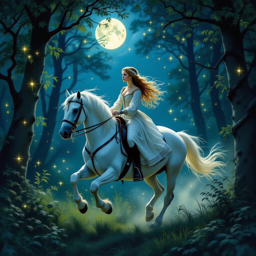 Medieval Maiden's Moonlit Forest Gallop