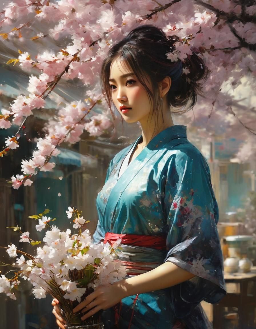 Asian Woman Arranging Cherry Blossoms: Anime Style