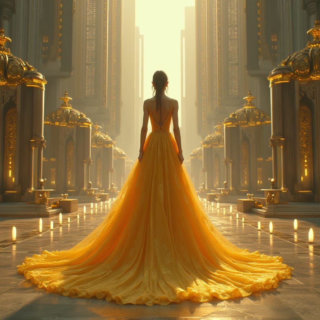 Golden Gown in Futuristic High-Contrast Cityscape