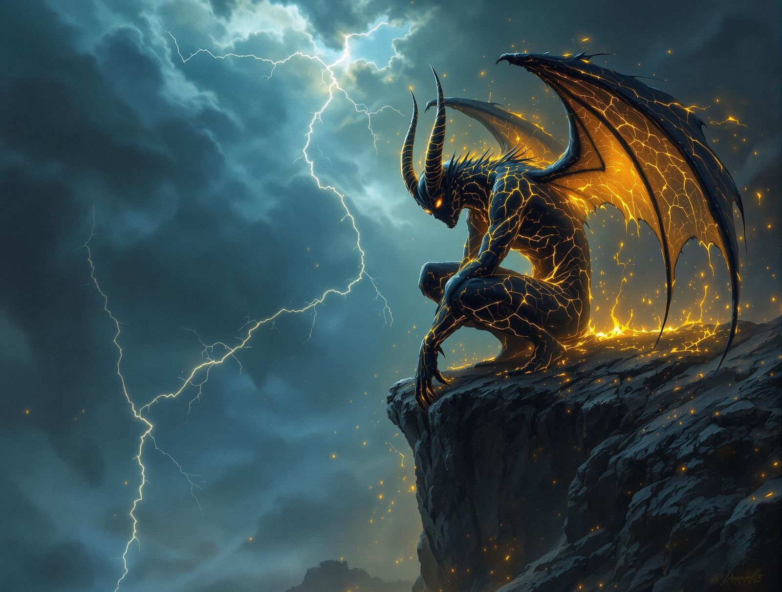 Sorrowful Demon Defies the Storm in Chiaroscuro Digital Pain...