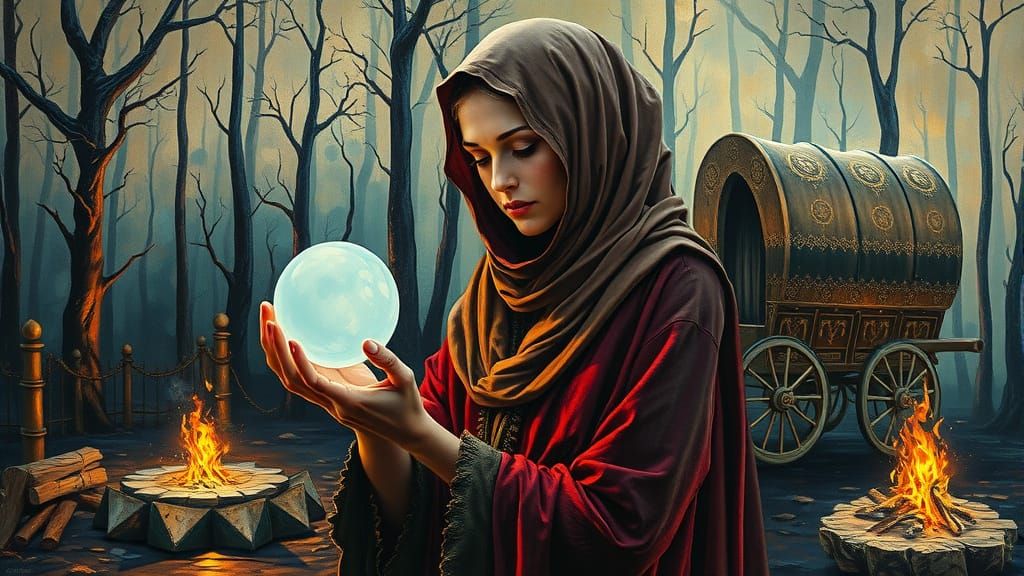 Mysterious Gypsy Woman Gazing into Crystal Ball